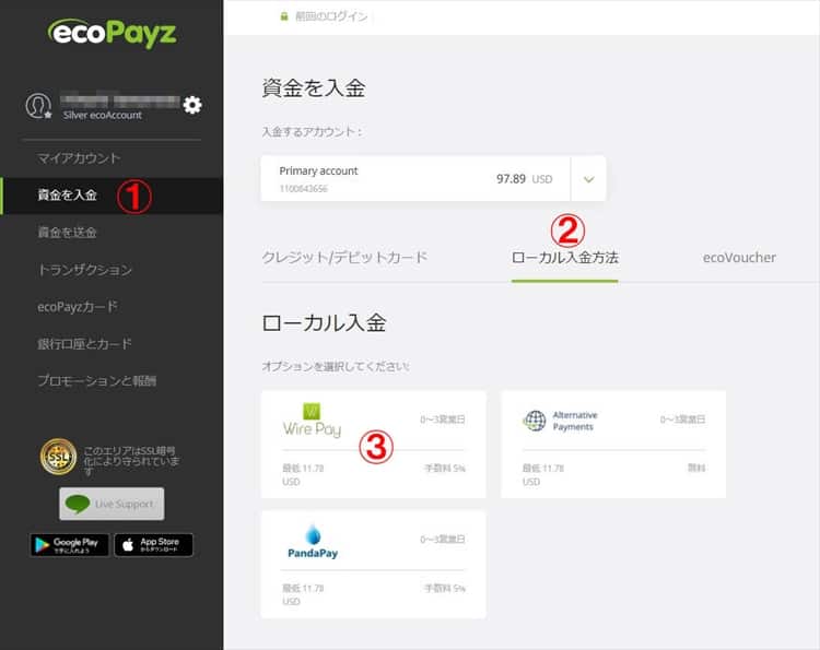 ecopayzの「資金を入金」画面