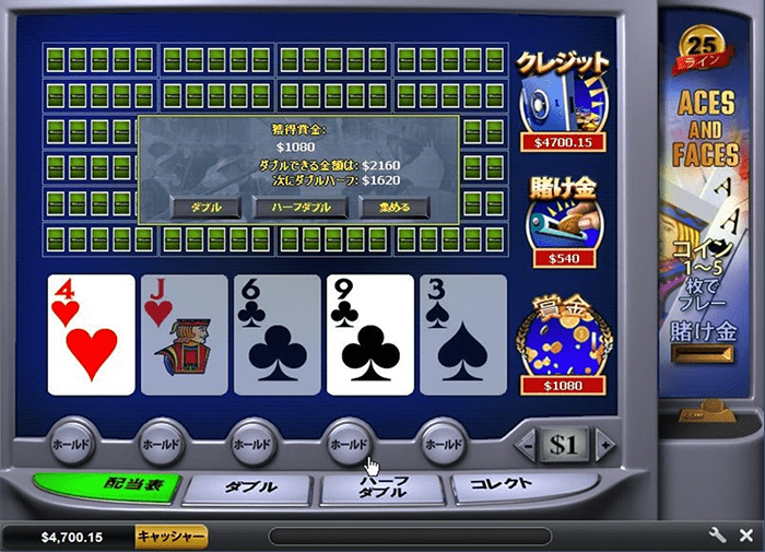 ダブルアップ3回で1,080ドルをコレクト