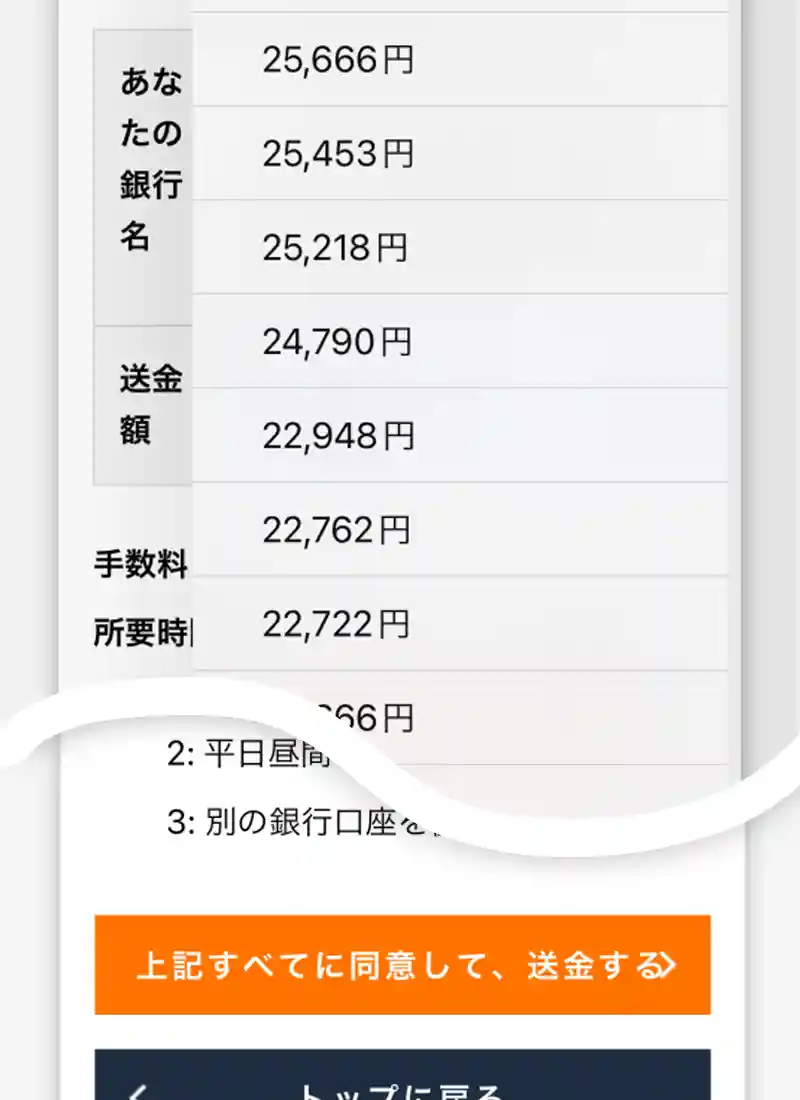 入金する銀行と送金額を選ぶ